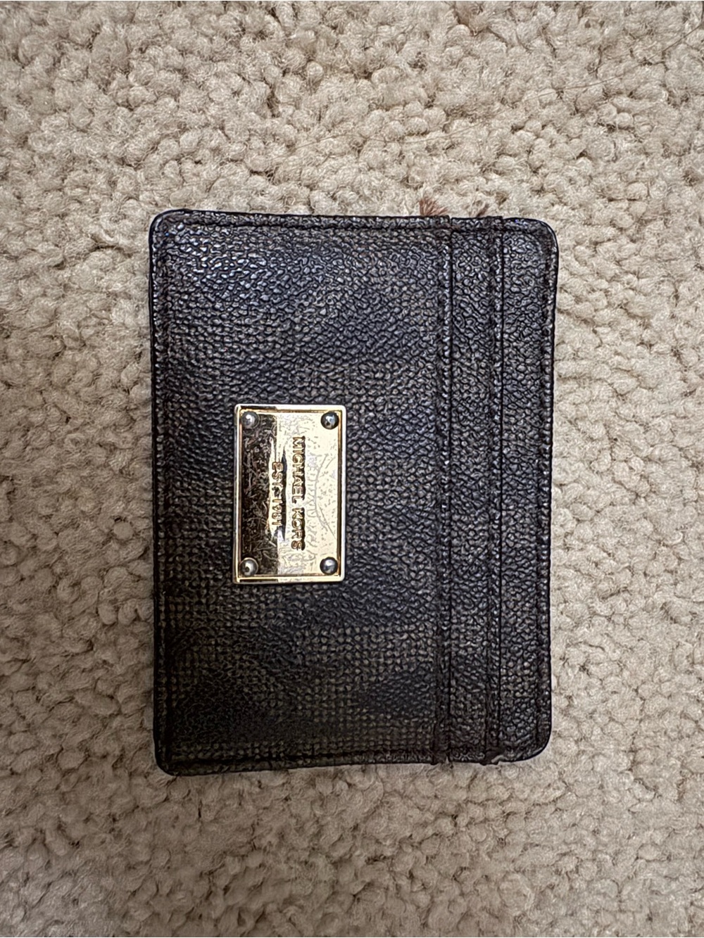 Michael Kors Dark Brown Pebbled Leather Card Case with Gold Plate